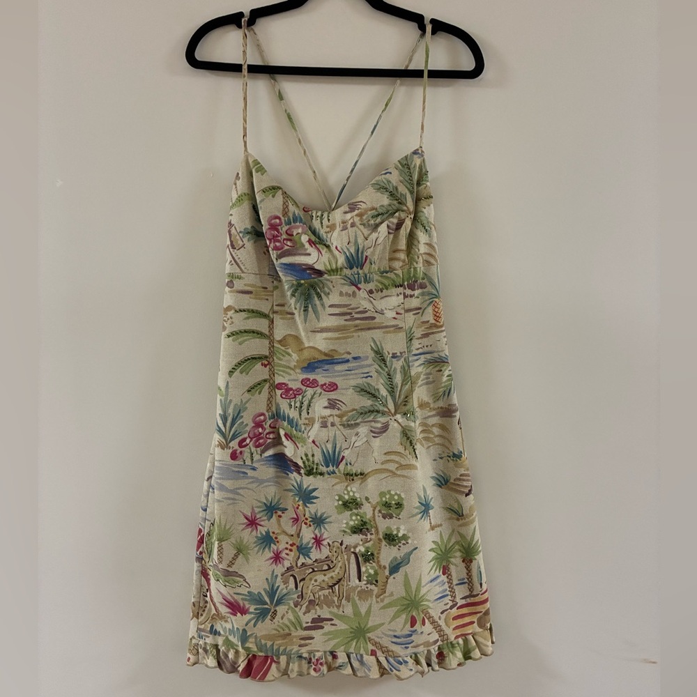 VintageMaggy London Safari Mini Dress Cotton Ruffle Hem Crisscross Back Size 10